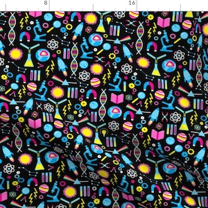 Science Fabric - Science Studies By Robyriker - Black Neon Aqua Classroom Kids Teacher Study Cotton Fabric By The Yard With Spoonflower