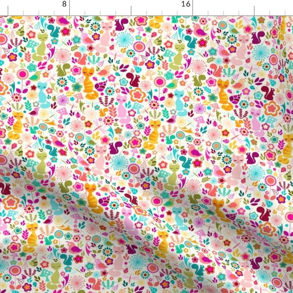 Cat Fabric - Garden Kitty Spring Glee By Creativetaylor - Cat Floral Squirrel Pink Aqua Olive Cotton Fabric By The Yard With Spoonflower