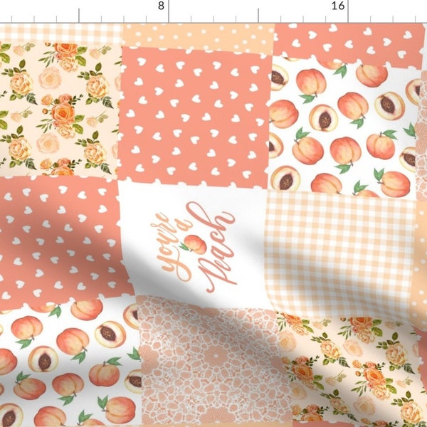 Pink Peach Quilt Fabric - Peach Cheater Quilt by jokalodesigns - Pink Floral Orange Fruit Hearts Peach Fabric by the Yard by Spoonflower