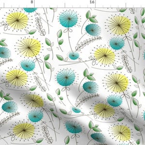 May include: A seamless pattern featuring stylized blue and yellow dandelion flowers with green leaves on a white background.