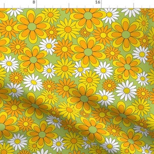 Retro Floral Fabric - Flower Power by emily_retro - 70s Yellow Orange Green Groovy Flower Power Hippie  Fabric by the Yard by Spoonflower
