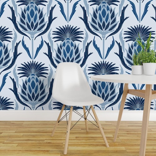 Thistle Wallpaper - Thistle, Classic Blue By Katie Hayes - Blue White Custom Printed Removable Self Adhesive Wallpaper Roll by Spoonflower