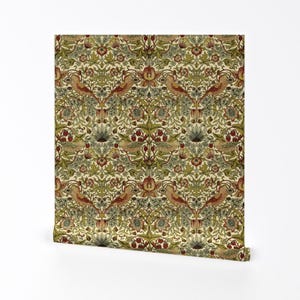 Morris Wallpaper - Strawberry Thief By Peacoquettedesigns - Green Floral British Art Removable Self Adhesive Wallpaper Roll by Spoonflower