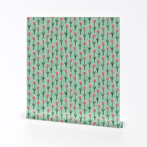 Tulips Wallppaer - Tulips Spring Flowers Pink On Aqua By Littlearrowdesign - Custom Printed Removable Adhesive Wallpaper Roll by Spoonflower