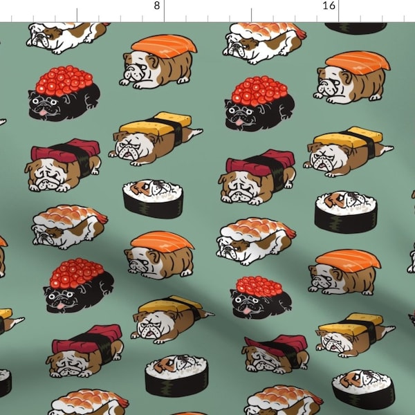 English Bulldog Sushi Kawaii Animal Fabric - Sushi English Bulldog By Huebucket - English Bulldog Cotton Fabric By The Yard With Spoonflower