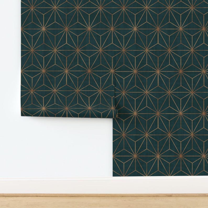 Star Wallpaper - Star Geo Deep Teal Copper By Crystal Walen - Green Custom Printed Removable Self Adhesive Wallpaper Roll by Spoonflower image 4