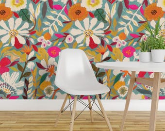Boho Peel and Stick Wallpaper - Watercolor Floral Colorful Spring - Removable Wall Decor Art - Garden Floral Jumbo by subhashini_narayanan