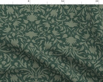 Pode incluir: Um padrão sem costura com um design repetitivo de folhas e flores verdes estilizadas sobre um fundo verde escuro.