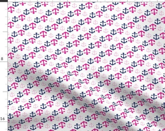 Pink Anchor Fabric - Pink Nautical 05 By Prettygrafik - Anchor Pink Navy Girl Nautical Nursery Cotton Fabric By The Yard With Spoonflower