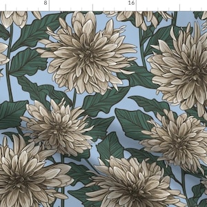Dahlia Fabric - Garden Dahlias By New Branch Studio - Dahlia Blue Taupe Jumbo Floral Spring Bloom Cotton Fabric By The Yard With Spoonflower