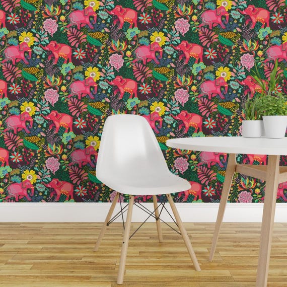 Jungle Wallpaper - Floral Jungle Elephant By Miraparadies - Bohemian Green Pink Summer Removable Self Adhesive Wallpaper Roll by Spoonflower