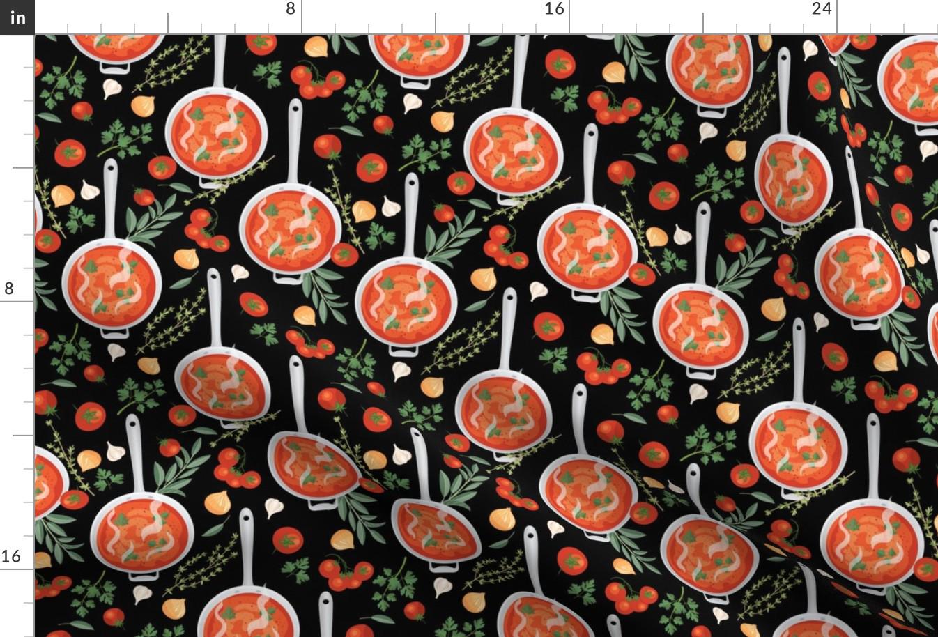 Soup In A Pan Fabric - Let’S Eat Tomato Soup By Diane555 - Cooking Kitchen Prep Saucepan Hob Hot Cotton Fabric By The Yard With Spoonflower