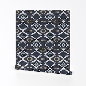 May include: A dark blue wallpaper with a geometric pattern featuring white, light blue, and gold triangles. The pattern is repeated throughout the wallpaper.