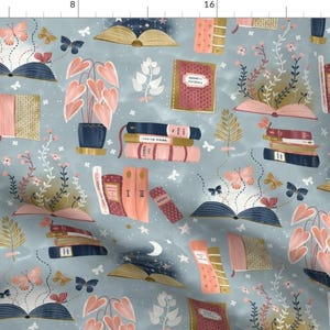 Book Fabric - Books Reading Dreaming By Marketa Stengl - Blue Pink Girls Library Kids Novels Love Cotton Fabric By The Yard With Spoonflower