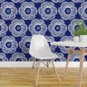 Floral Wallpaper - Camellia - White On Dark Blue/Large By Vivdesign - Custom Printed Removable Self Adhesive Wallpaper Roll by Spoonflower