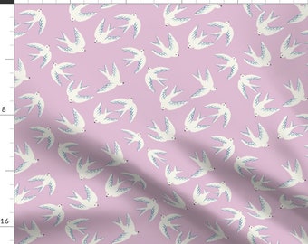 Flying Swallow Apparel Fabric - Flying Birds On Lilac by yara_dutra - Lilac Pink White Whimsical Fun Cute Clothing Fabric by Spoonflower