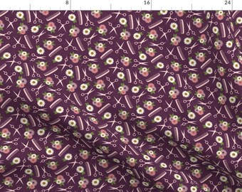 Shears Fabric - Floral Shears And Combs By Littlearrowdesign - Plum Purple Beauty Salon Scissors Cotton Fabric By The Yard With Spoonflower