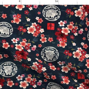 Floral Lunar New Year Fabric - Chinese Year Of The Ox Red Flowers By Adenaj - 2021 Year of the ox Cotton Fabric By The Yard With Spoonflower