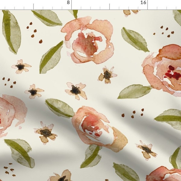 Boho Rose Fabric - Watercolour Roses by melly_williams_studio - Peach And Olive Botanical Coral Fabric by the Yard by Spoonflower