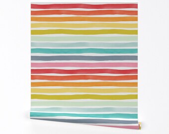 Rainbow Stripe Wallpaper - Watercolor Stripes M+M Rainbow By Friztin - Custom Printed Removable Self Adhesive Wallpaper Roll by Spoonflower