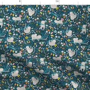 Sloth Hanging In The Forest Fabric - Hanging Out By Sarah Knight - Sloth Green Botanical Cotton Fabric By The Yard With Spoonflower