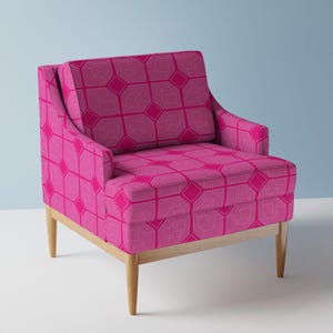 May include: An armchair upholstered in a vibrant magenta fabric featuring a repeating geometric pattern of white lines and diamonds. The chair has a square backrest, integrated armrests, and four tapered light-coloured wooden legs.