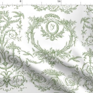 Toile Fabric - Capetian Toile In Basil By Lilyoake - Pale Green White Traditional Home Decor Cotton Fabric By The Yard With Spoonflower