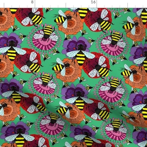 May include: A green background with a repeating pattern of bees and flowers. The bees are yellow and black with stripes. The flowers are red, orange, purple, and pink.