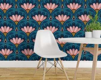 Art Deco Floral Wallpaper - Flower Arches Larger By Rachelmacdonald - Custom Printed Removable Self Adhesive Wallpaper Roll by Spoonflower