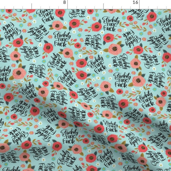 Swear Floral Blue Pink Fabric - Pretty Sweary- Fuckity Fuck Fuck By Cynthiafrenette - Swear Cotton Fabric By The Yard With Spoonflower