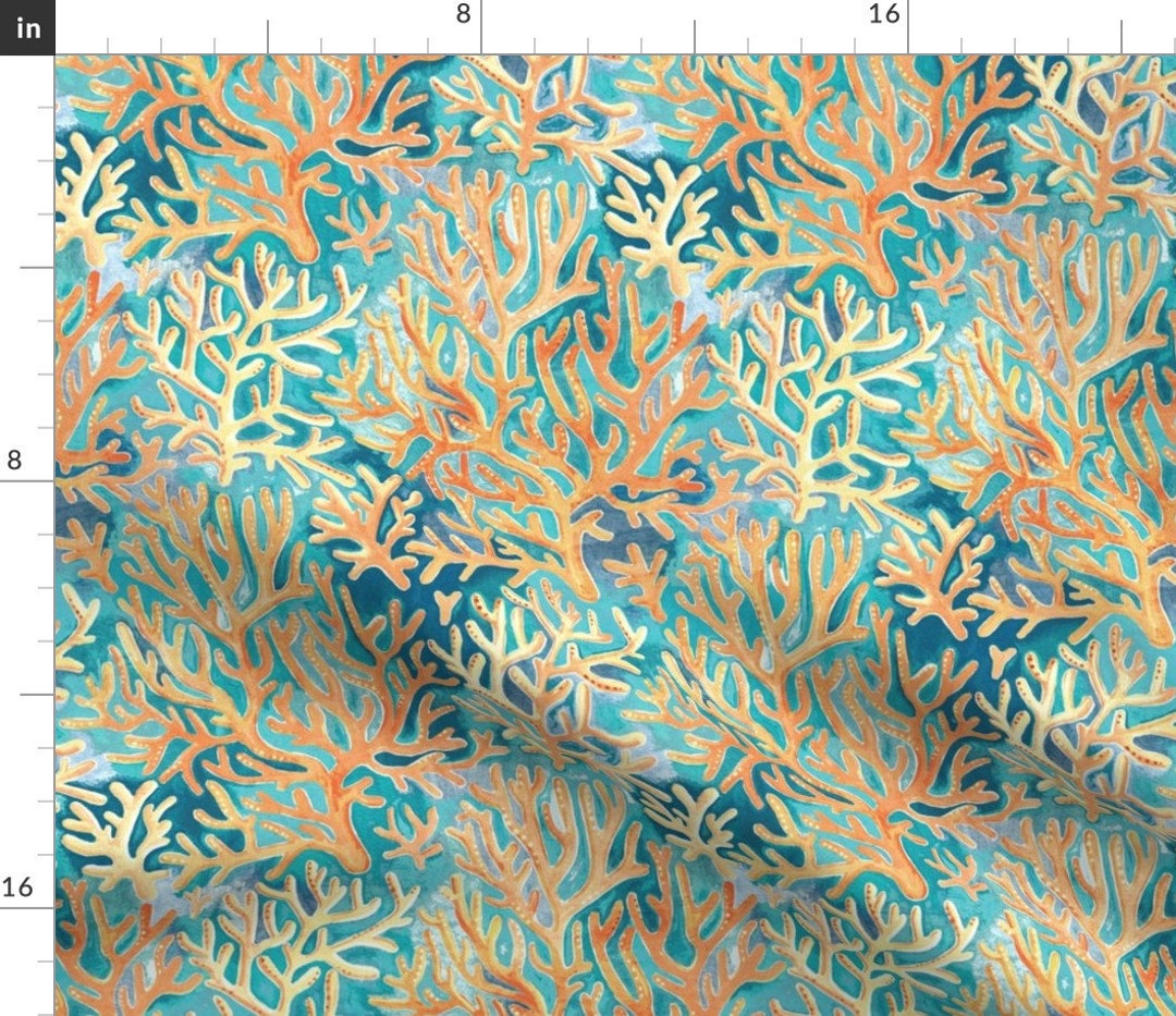 Coastal Fabric Coral on Blue by Micklyn Nautical Coral Reef Golden