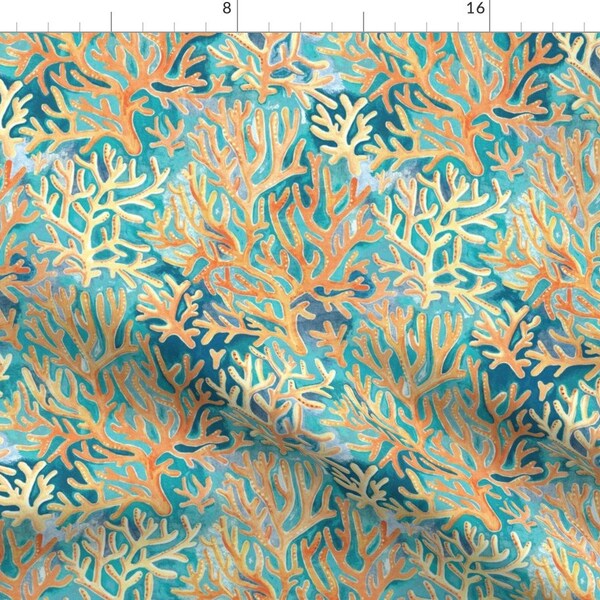 Coastal Fabric - Coral On Blue by micklyn - Nautical Coral Reef Golden Orange Rust Orange Ocean Blue Beach Fabric by the Yard by Spoonflower