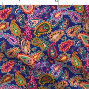 Paisley Fabric - Paisley Jewels By Patterista - Paisley Retro Kitsch 1970s Jewel Tones Blue Pink Cotton Fabric By The Yard With Spoonflower