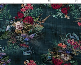 May include: A teal blue background with a floral pattern featuring red, pink, and white flowers, green leaves, and blue accents.