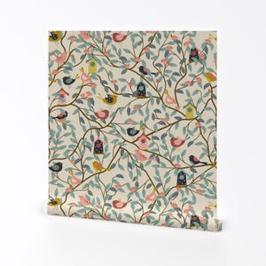 Singvogel Ablösbare Tapete - Botanisches Salbei Grün Tapete - Botanisches Dekor - Vögel im Garten by chiara_de_Davidson