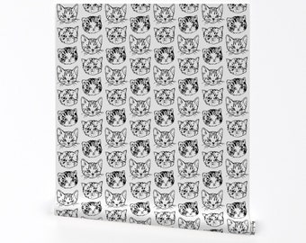 Cat Wallpaper - Cat Stack | Black And White By Imaginaryanimal - Cat Custom Printed Removable Self Adhesive Wallpaper Roll by Spoonflower