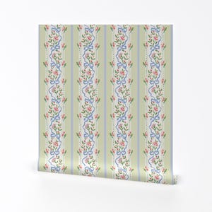 Vintage Stripe Removable Peel and Stick Wallpaper - Floral Stripes Green Pink - Wall Art Wall Decor - Ribbons And Roses by whitneyenglish