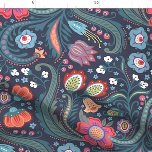 May include: A seamless pattern featuring a vibrant floral design with a paisley motif. The pattern is set against a dark blue background and features a variety of colorful flowers, leaves, and swirls. The flowers are in shades of red, pink, blue, and green.