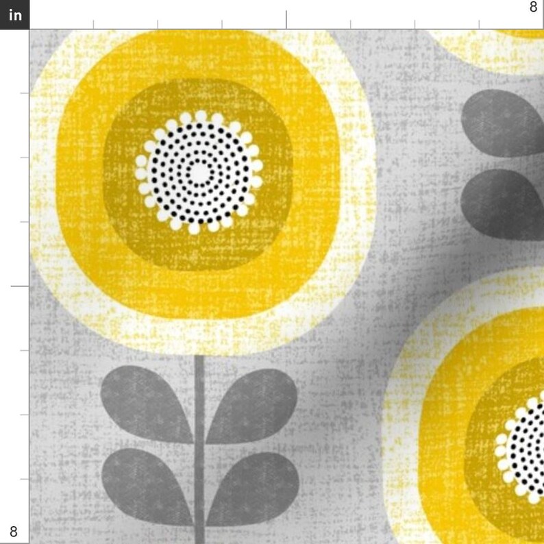 Mid Century Geblümter Polsterstoff - Midcentury Sonnenblumen von ottomanbrim - Skandinavischer Grau Gelber Stoff Schüttgut mit Löffelblume Bild 4