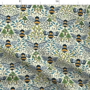 Mushroom Botanical Fabric - Bee Kingdom by ozdebayer - Bumblebee Pollinator Medium Scale Blue Green Gold Fabric by the Yard by Spoonflower