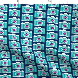 Cameras Fabric - Retro Camera // Smile Say Cheese! By Magentarosedesigns - Retro Blue Camera Lens Cotton Fabric By The Yard With Spoonflower