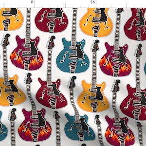 Rockabilly Electric Guitar Fabric - Rockabilly White By Leroyj - Rockabilly Rockstar Music Cotton Fabric By The Yard With Spoonflower