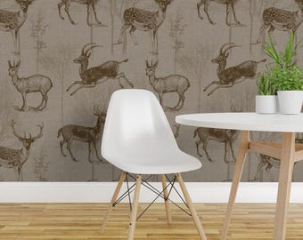 Vintage Deer Peel and Stick Wallpaper - Antelope Neutral Earth Tone - Removable Wall Decor Art - Animals With Horns by fischkandi