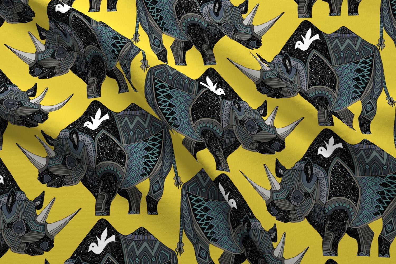 Rhino Fabric Rhinoceros Yellow By Scrummy Modern Rhino on Etsy