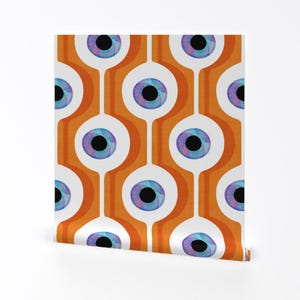 Eye Wallpaper - Eye Pod Orange By Spellstone - Orange Blue Retro Trendy Eclectic Geo Removable Self Adhesive Wallpaper Roll by Spoonflower