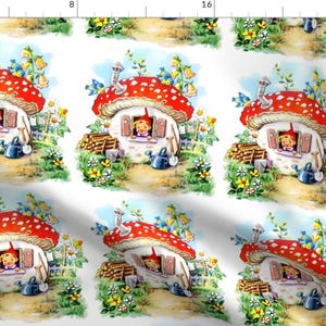 Vintage Elves Fabric - Mushrooms Cottages Birds Red Daisy Birds By Ravene - Retro Fairy Cottage Cotton Fabric By The Yard With Spoonflower