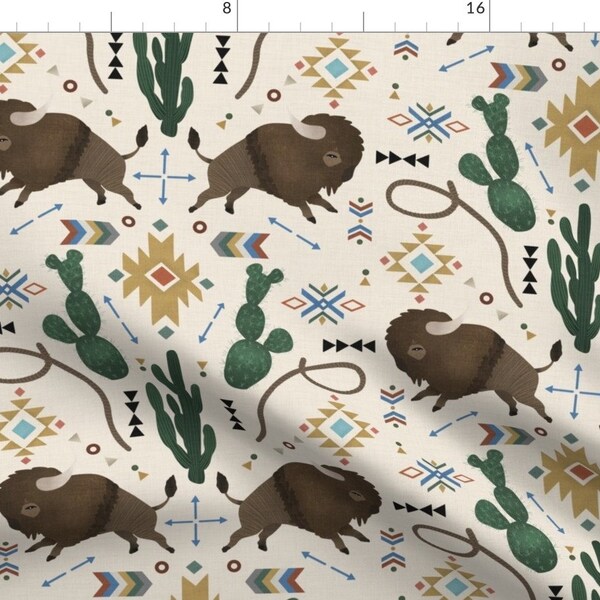 Midwest Fabric - Southwest Dreamer By Digital Boheme - Midwest Bison Buffalo Beige Blue Ranch Cotton Fabric By The Yard With Spoonflower