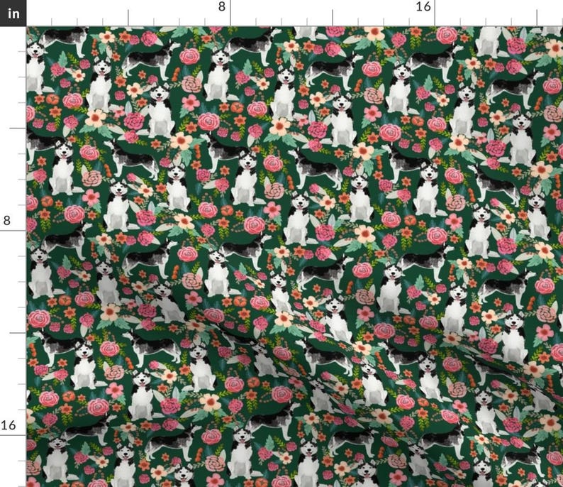 Huksy Fabric Husky Floral Cute Huskies Dark Green Pink Flowers By
