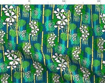 Tropical Tiki Fabric - Jungledelic By Madtropic - Hawaiian Floral Plants Leaves Blue Green Cotton Fabric By The Yard With Spoonflower