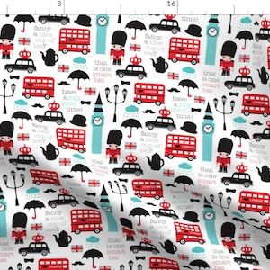 Crazy For London Double Decker Tea Big Ben And Travel Icon Custom Fabric By Little Smile Makers - Cotton Fabric by the Yard with Spoonflower